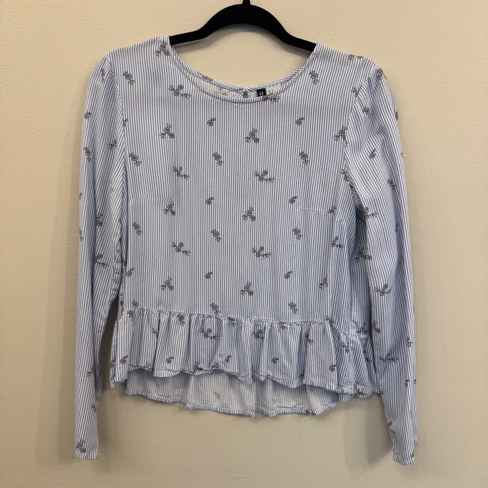 H&M Divided Blue Striped Blouse with Floral Print | Women’s Size 4 Peplum Shirt